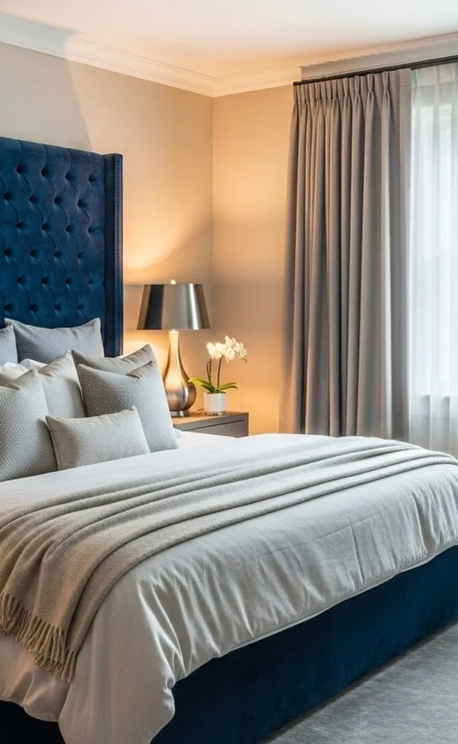 A bedroom with a deep blue velvet headboard and layered linen