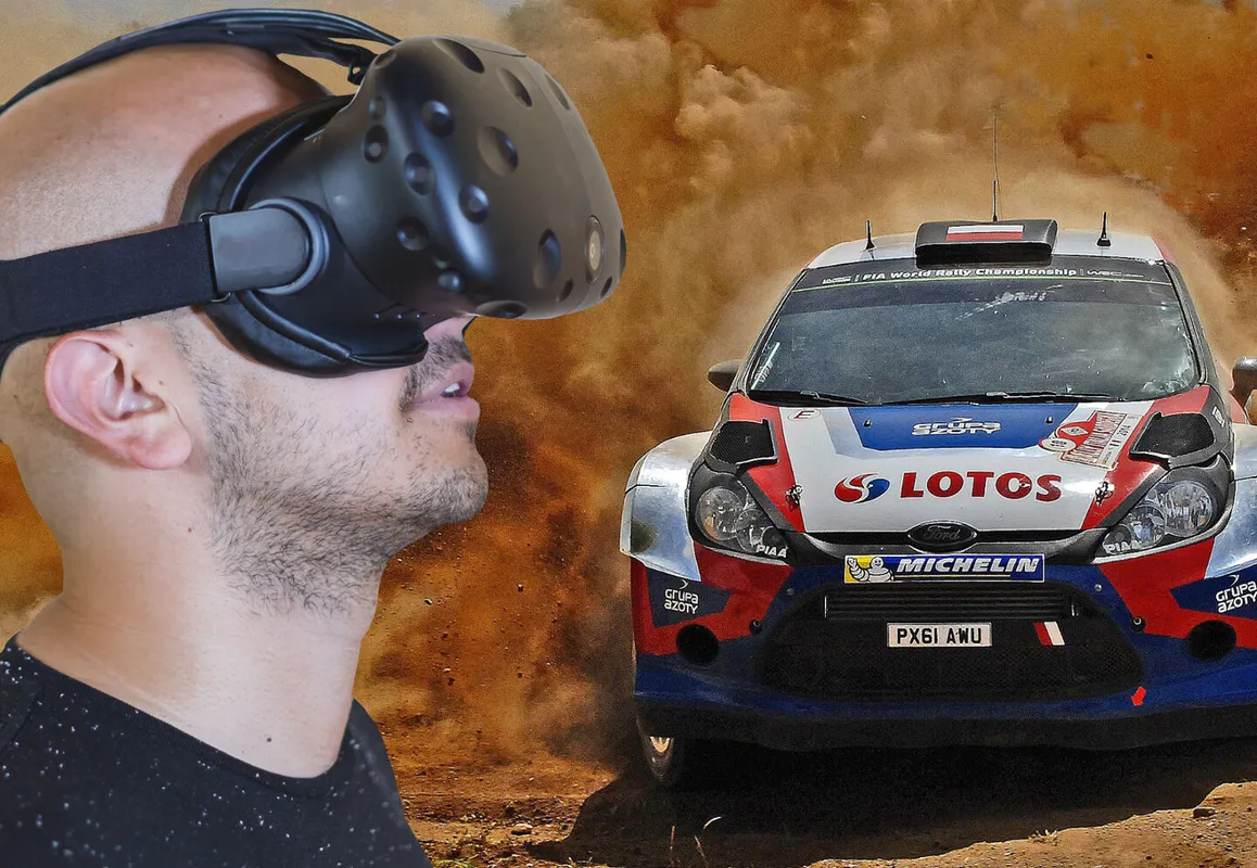 Mock-up of a man with VR headset with rally car in the backgrounds