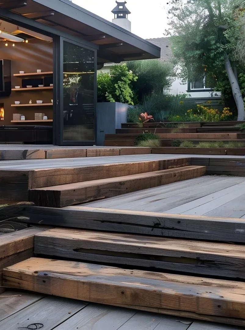 Rustic wooden patio stairs leading to a welcoming outdoor se