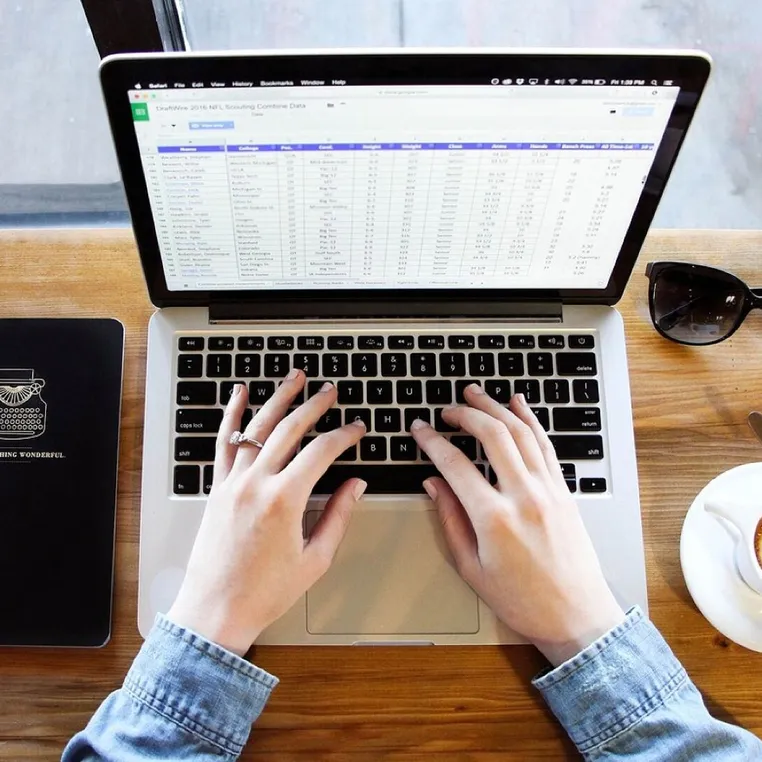 Notebook, typing, coffee, computer, hands