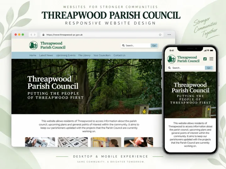 The Threapwood Parish Council website shown on a laptop and a phone
