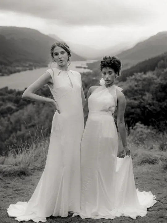 B&W mountaintop couple drape train P
