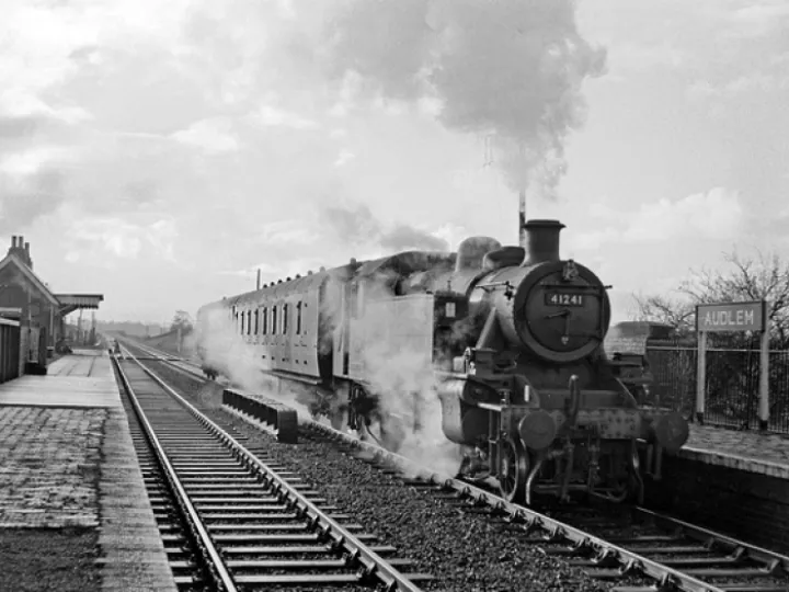 Ivatt 2 2-6-2T 41241 (a former Bath Green Park Loco) leaves Audlem with the 10.08 Wellington – Crewe service, 30/12/60. www.railphotoprints.co.uk – Hugh Ballantyne