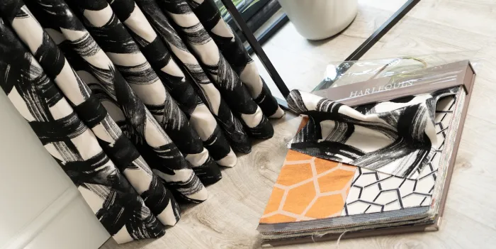 Black and white curtains with fabric book