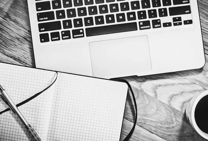 Computer, notebook, coffee