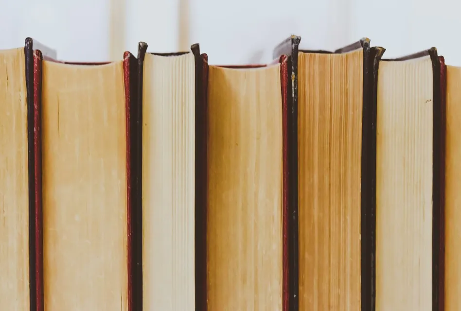 Close-up view of vintage book bindings in a library setting.