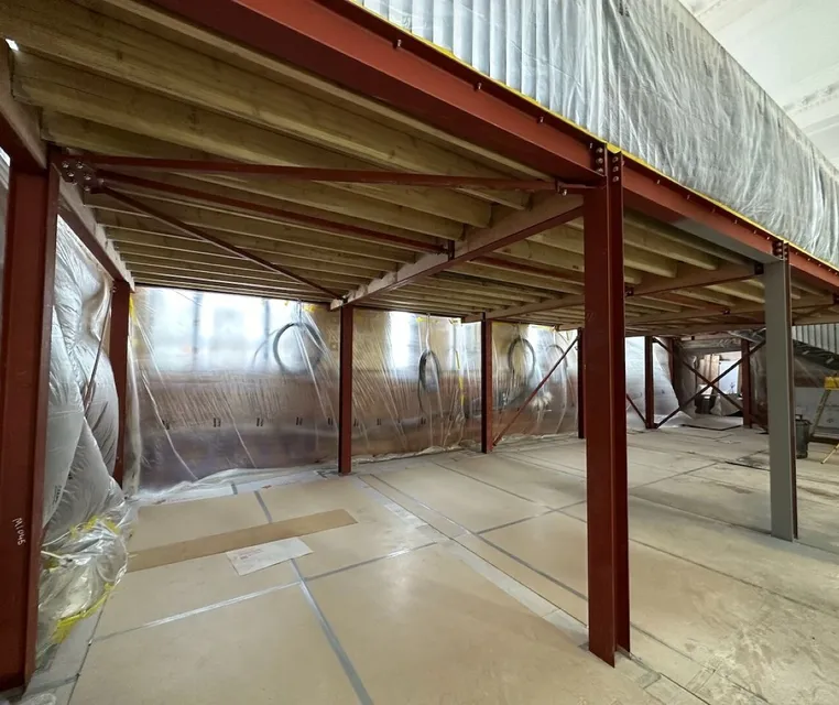 Warehouse interior with red steel columns