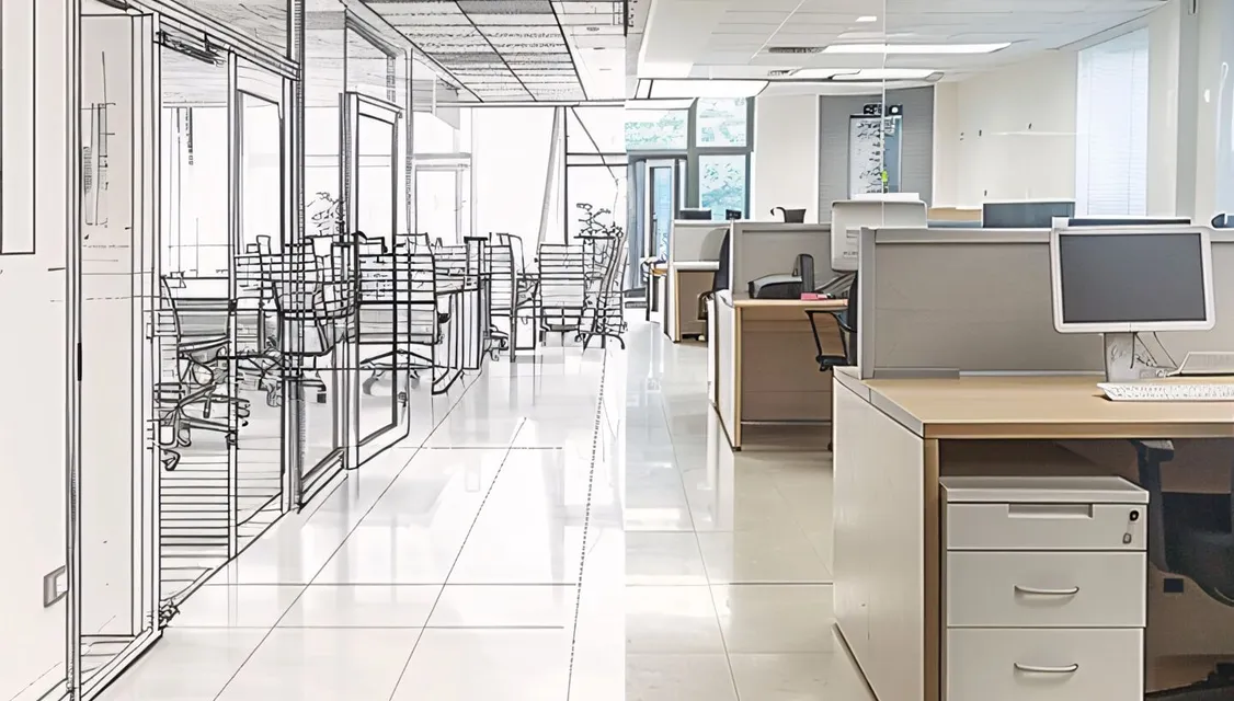 Drawing blueprint of office with desks