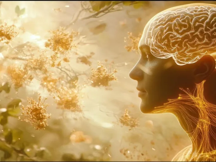 Mindful Nature Golden brain serene face amidst falling bloss