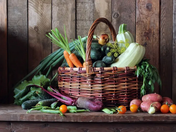 Fresh vegetables in basket. The harvest, food.