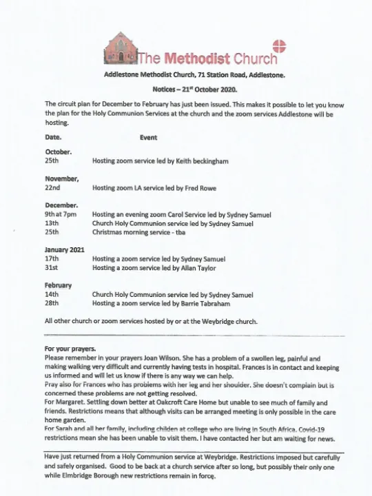 October '20 Church Notices