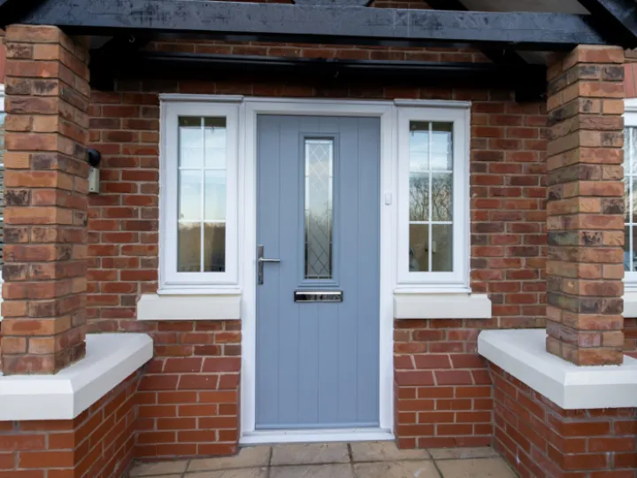 Composite door in blue with bricks