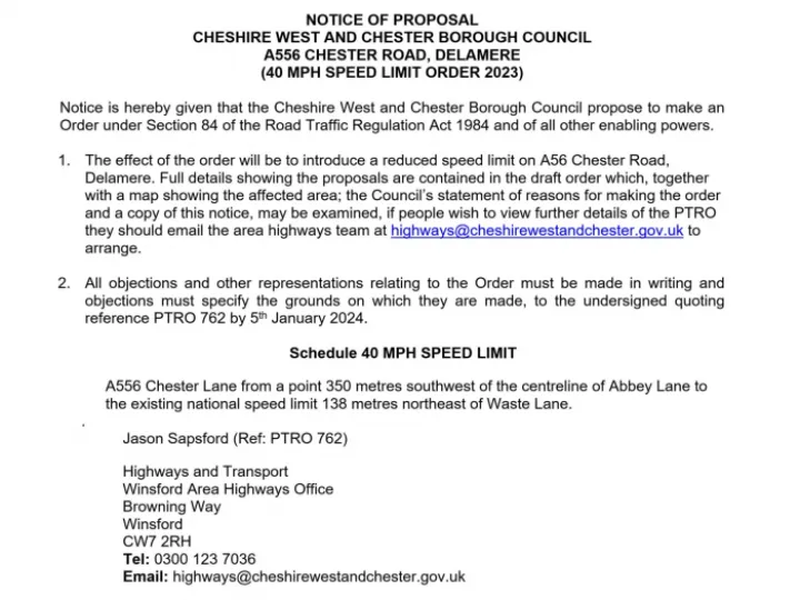 A556 Speed Limit Change Notice 11/2023