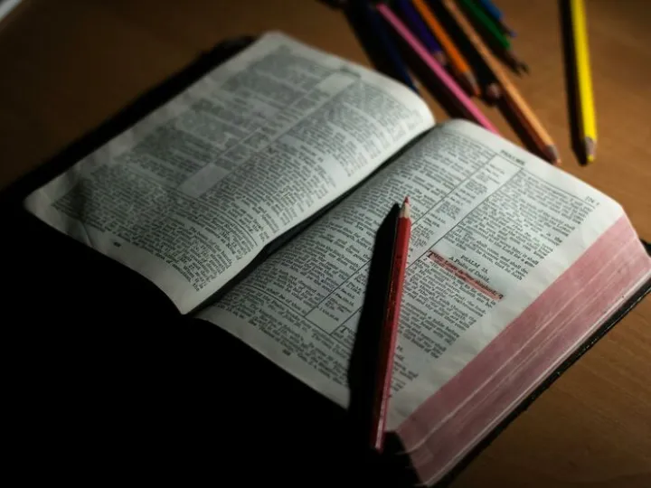 Pink Pencil on Open Bible Page and Pink
