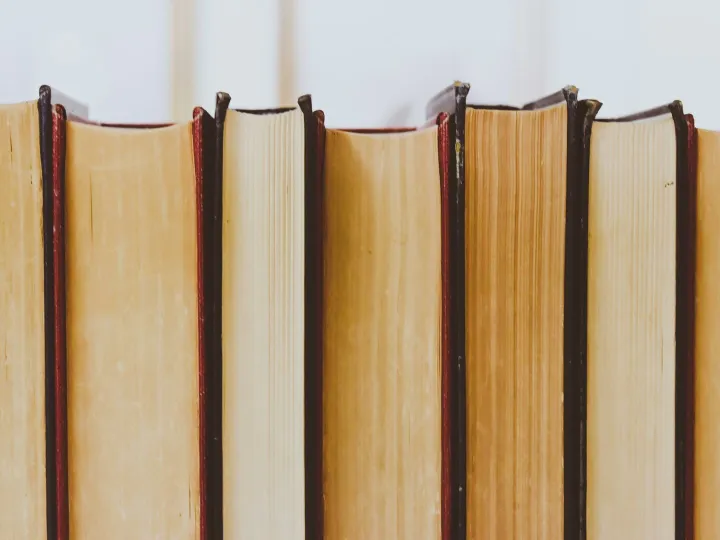 Close-up view of vintage book bindings in a library setting.
