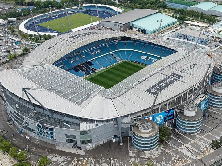 Aerial view of a football stadium (Manchester City Etihad Stadium)