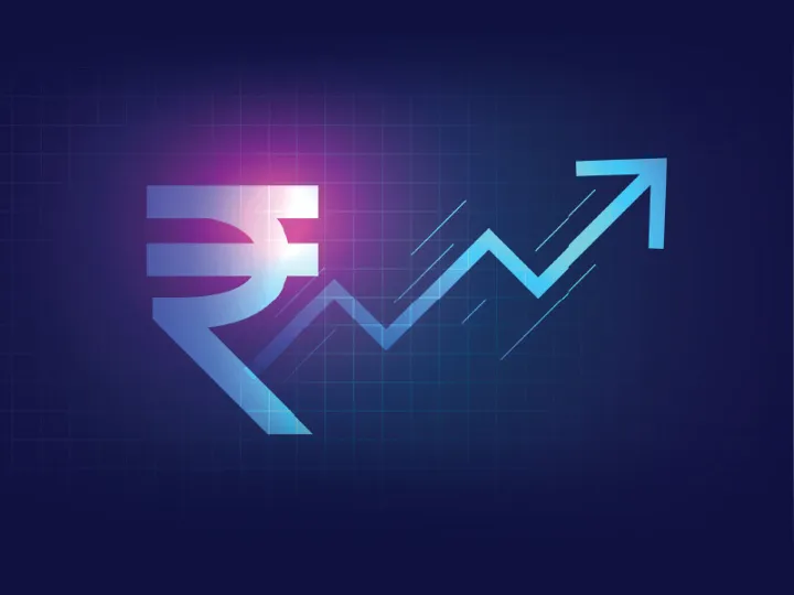 Upward arrow with rupee symbol representing India's growth in digital lending and UPI-based credit expansion.