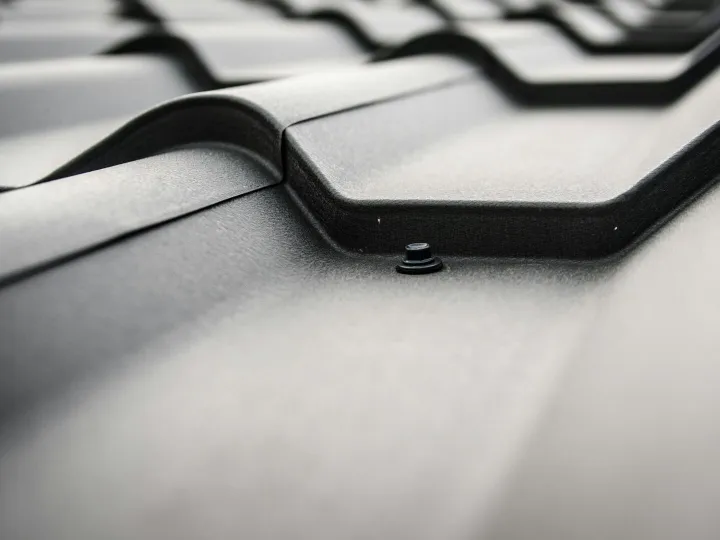 Detailed close-up of a black steel roof with promi