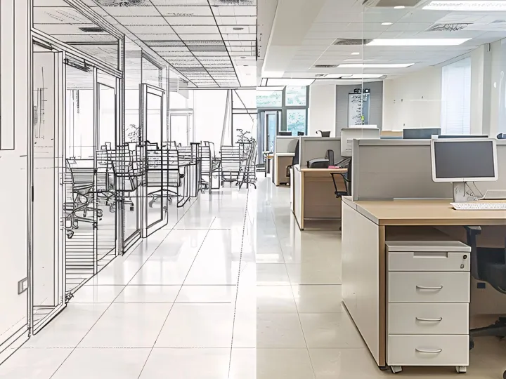 Drawing blueprint of office with desks