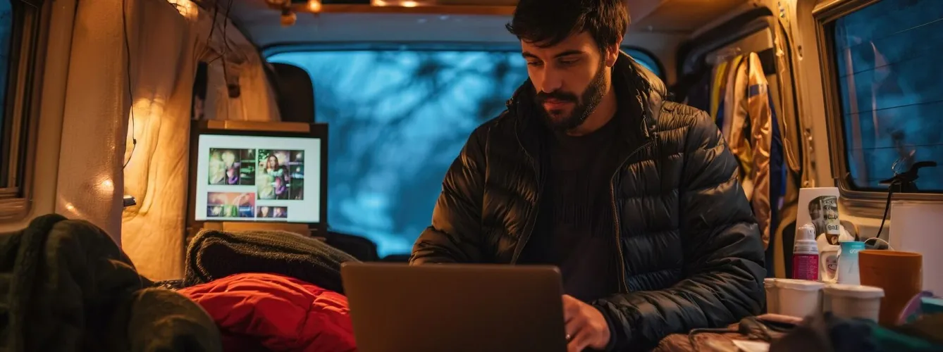 Front view man living as a digital nomad