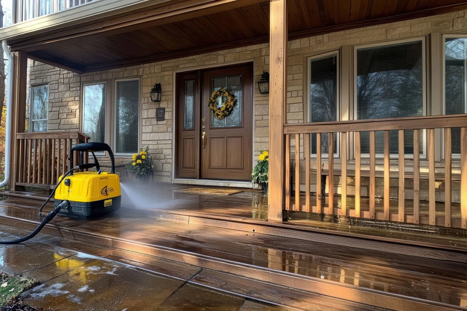 A house with a pressure washer on the porch
