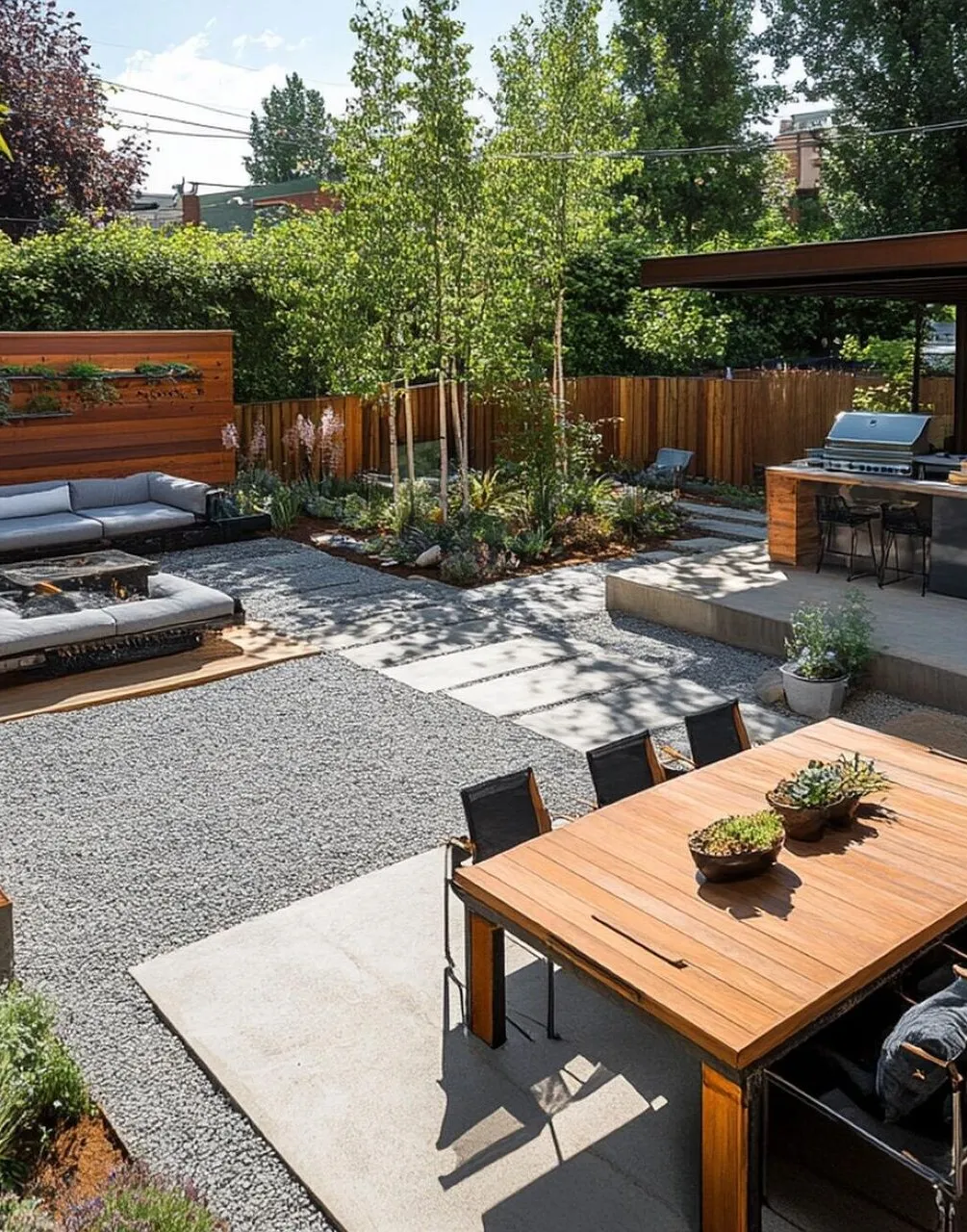 Landscaped garden with outdoor seating, a dining table and an outdoor kitchen