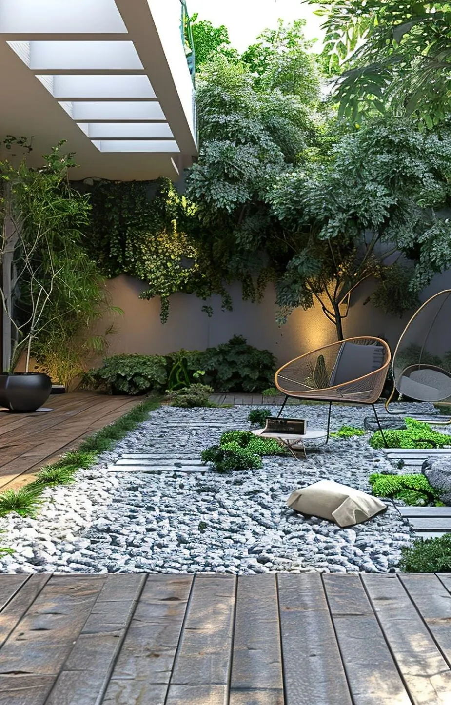 a garden with rocks and plants and a patio area with a bench