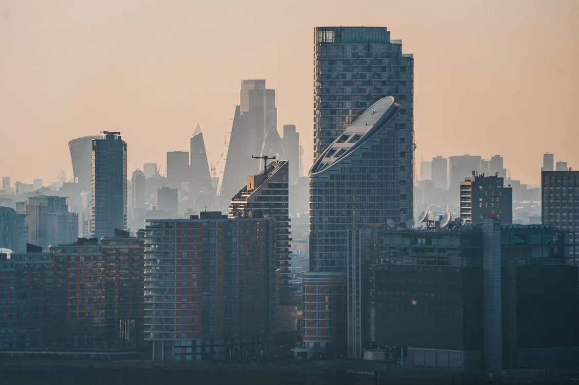 The Stratford skyline in East London at sunset