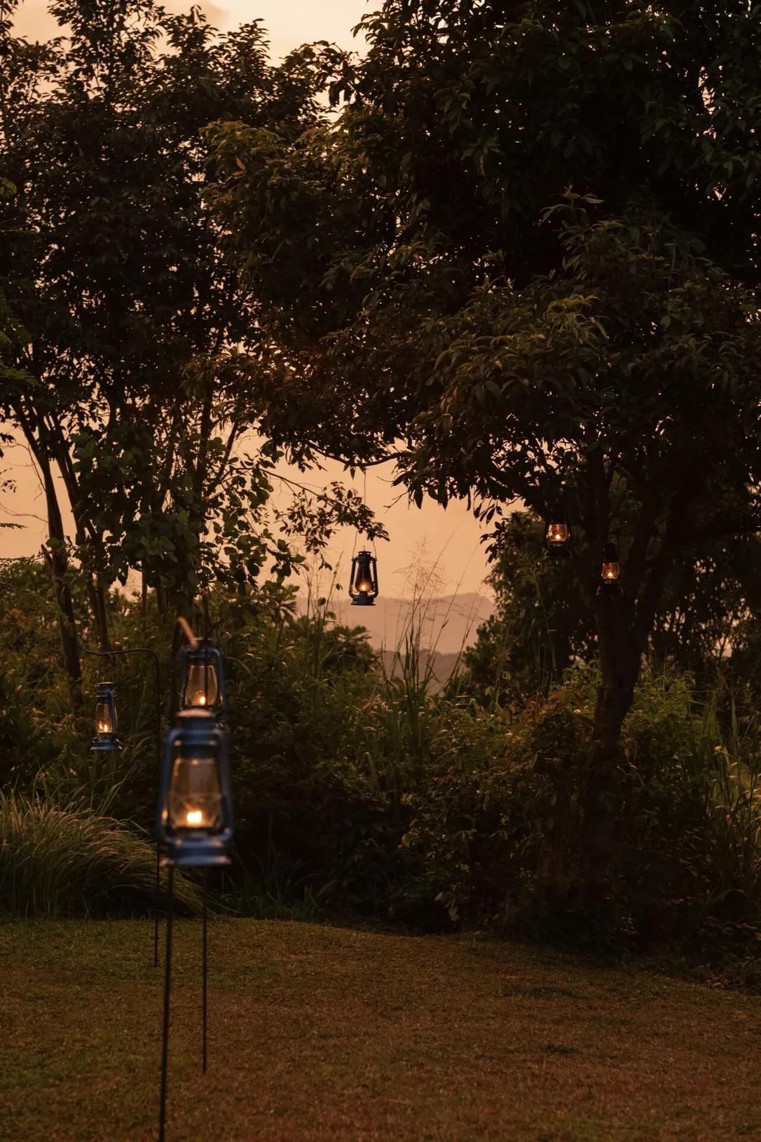 Lantern light in the tropical garden at dusk at Peacock Hill Sigiriya