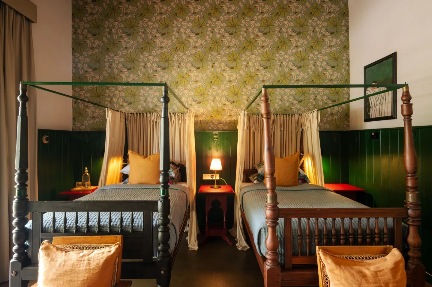 Two antique four poster beds in the Lake View Suite at Peacock Hill Sigiriya