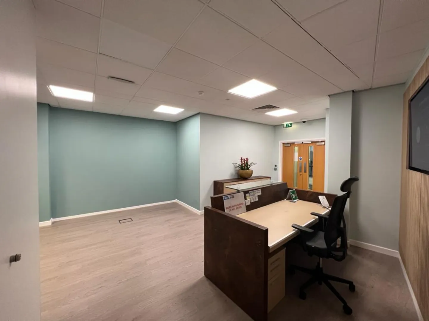 The fitted-out reception area at the QBE office in Leeds