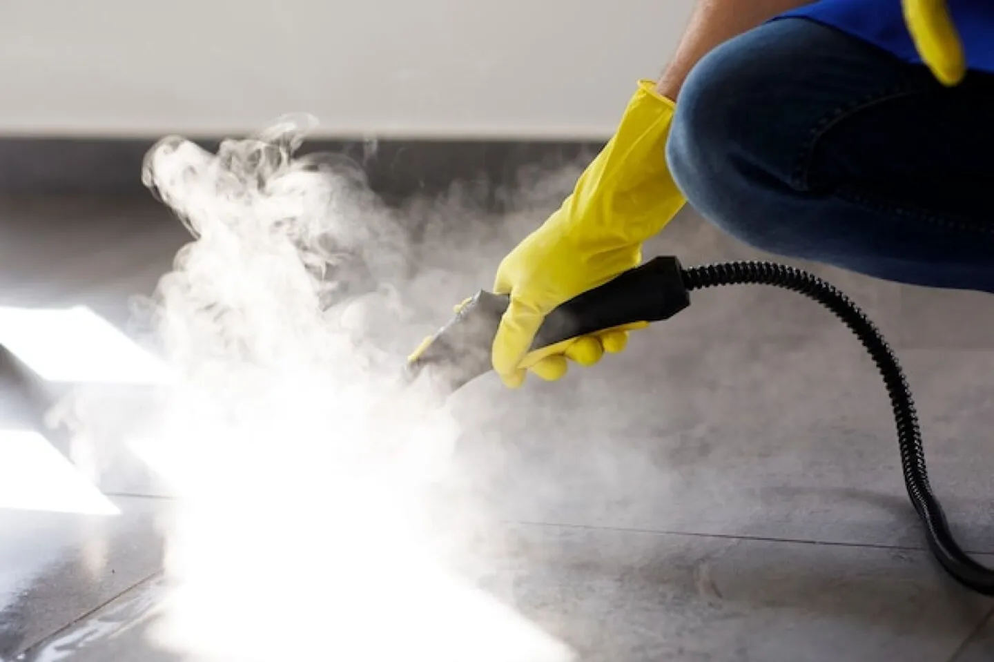 Professional cleaning service person using steam