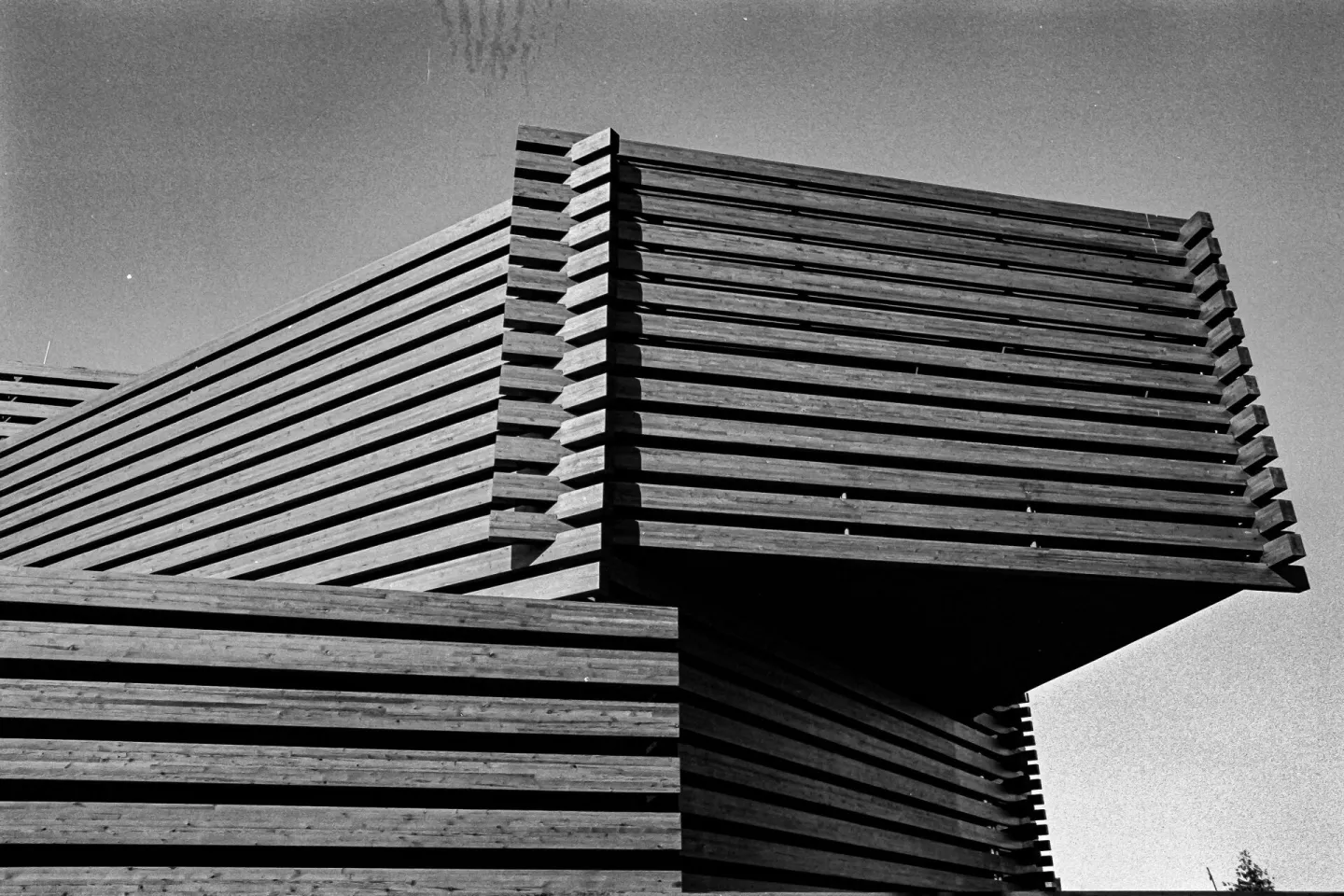 Black and white photograph of a modern