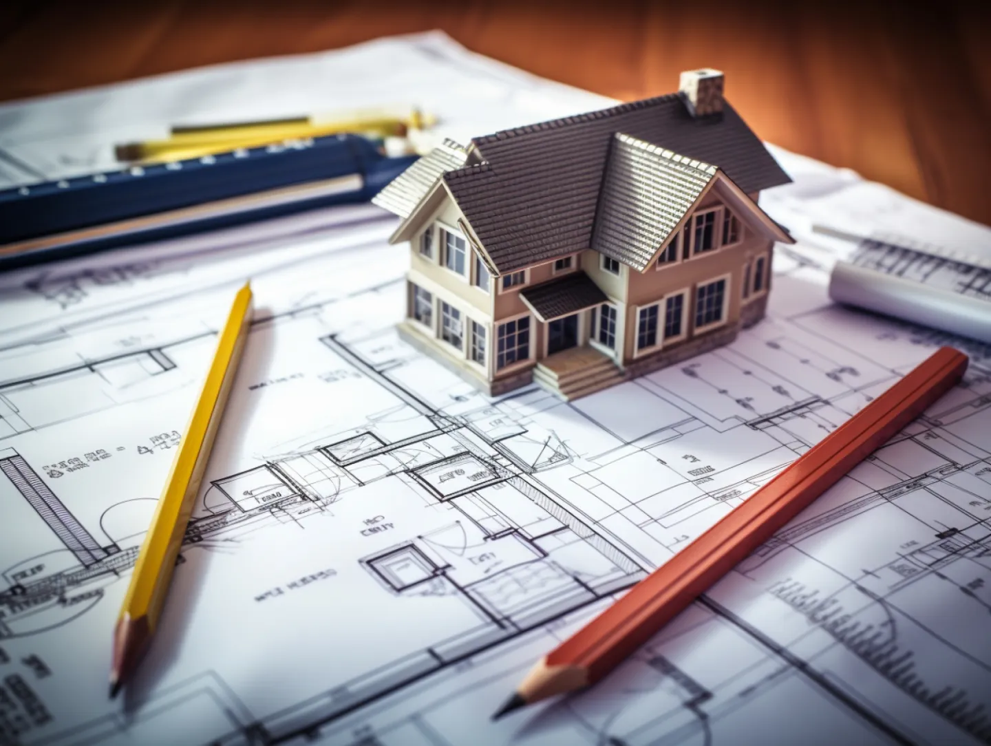 Architect plans with a pencil and model house
