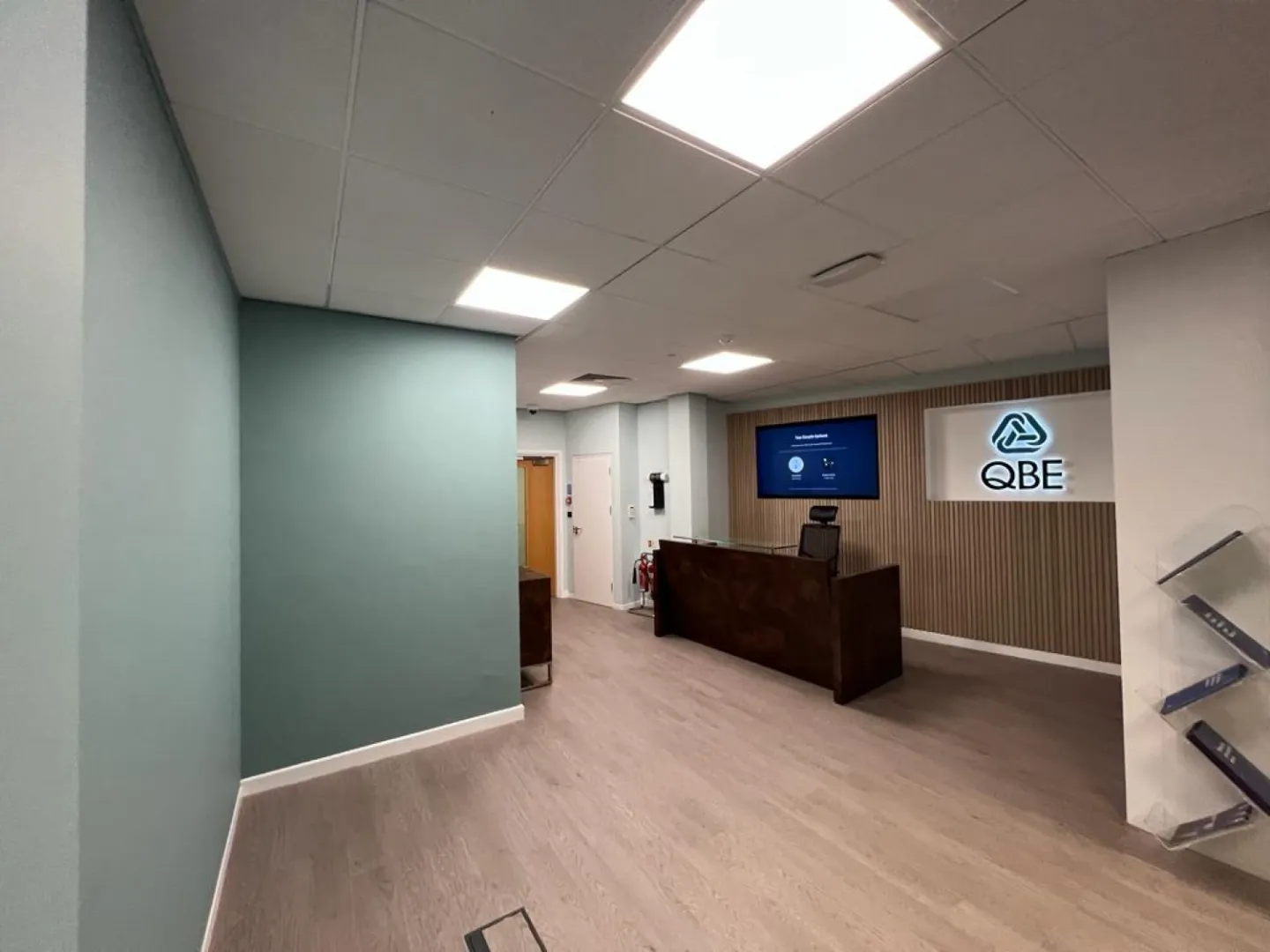 Long view of the reception area at the QBE offices in Leeds