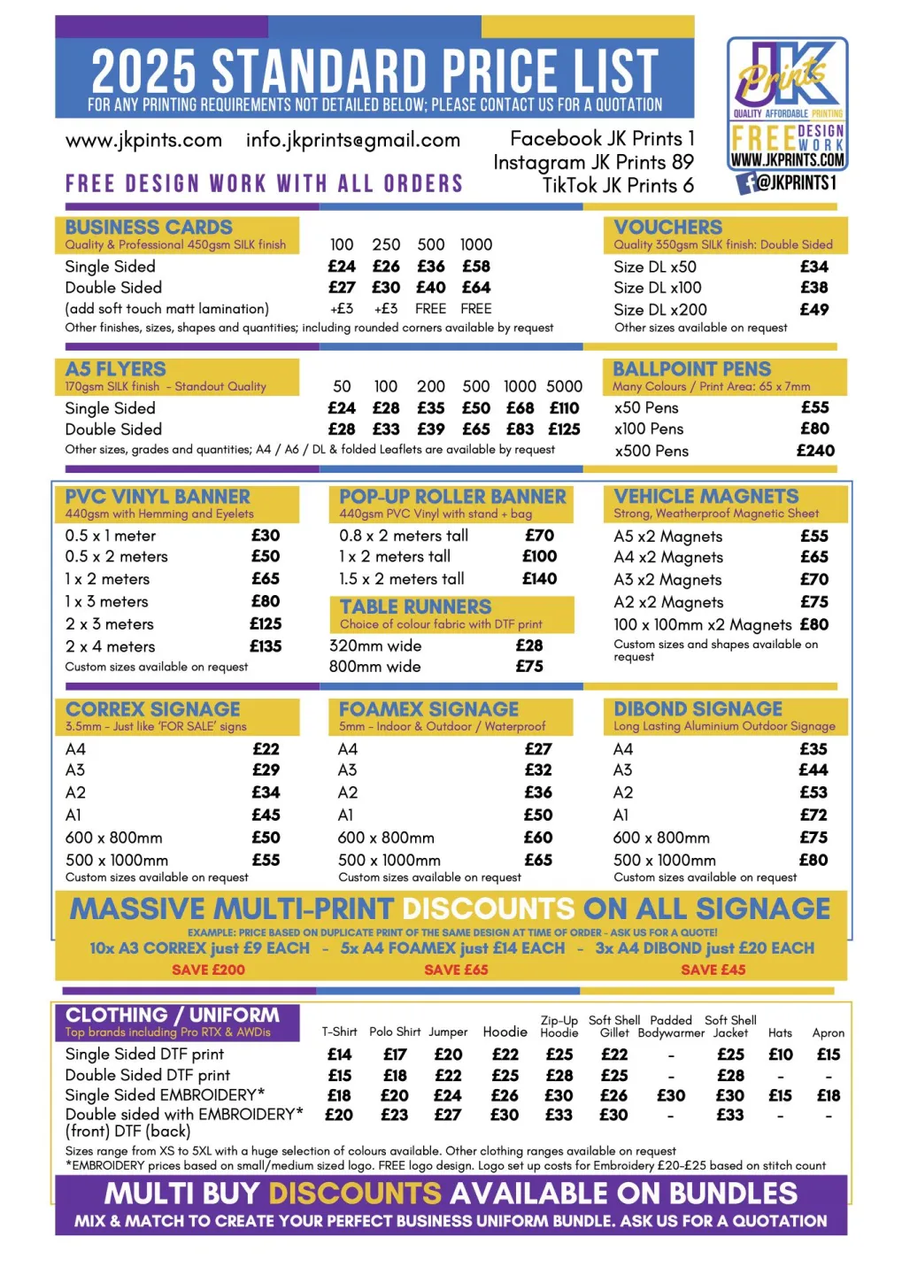 JK Prints – Price List 2025