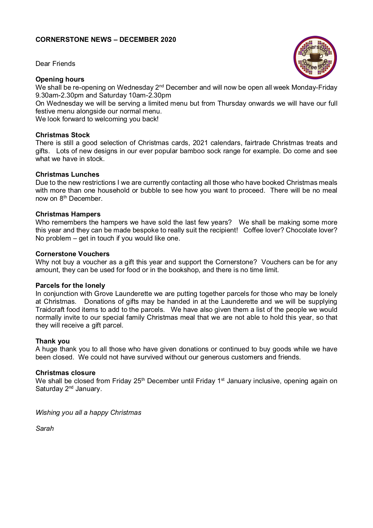 Cornerstone Friends Newsletter December 2020