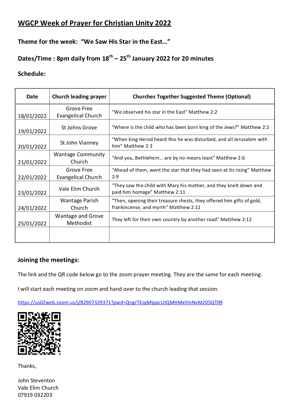 WGCP Week of Prayer for Christian Unity 2022 Schedule