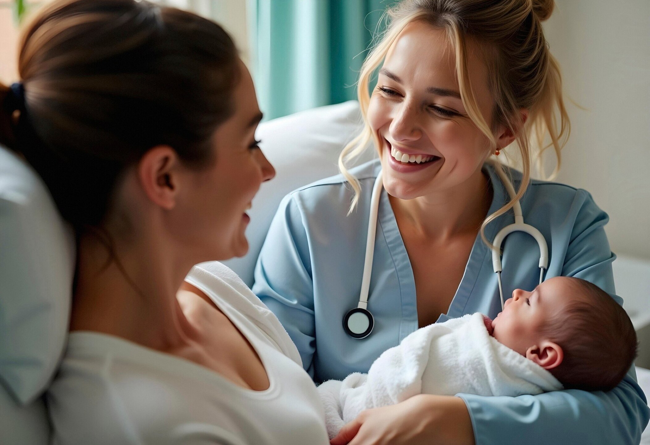 Happy mother and newborn with nurse