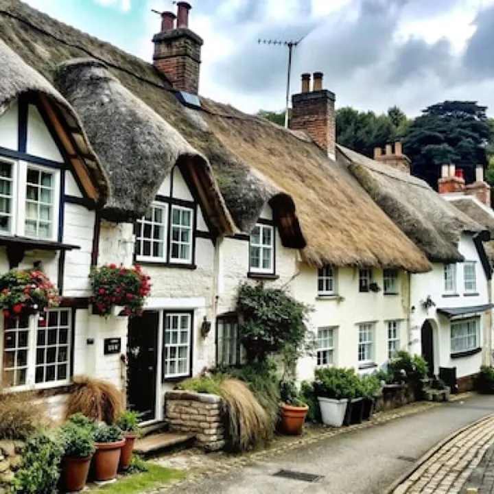 A row of white thatched cottages on an English village street