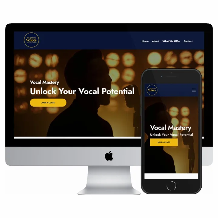 Desktop and mobile screenshots of the Highland Voices Singing Academy website