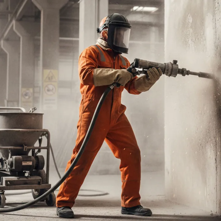 Man in protective gear using shot blasting machinery
