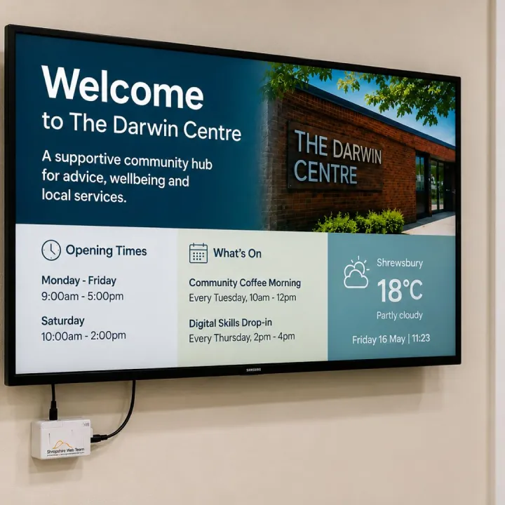 Digital welcome screen showing opening times and events in a community centre