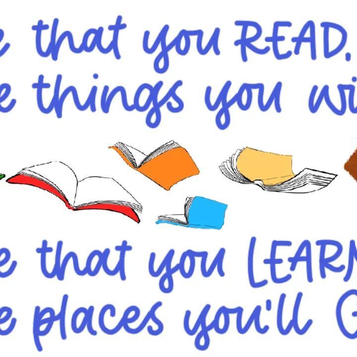 Hand lettered reading quote print illustrated with colourful open books, digital artwork designed in Procreate
