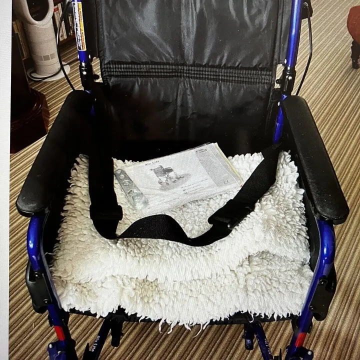 Invacare Wheelchair, lightweight, foldable blue aluminium + faux-sheepskin cushion in VGC &ndash; Items for sale