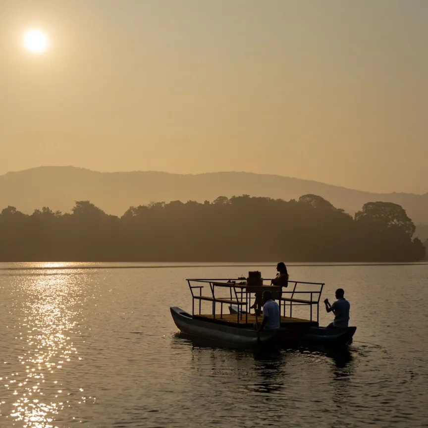 A guest on a boat on Wewela Lake as the sun drops at Peacock Hill Sigiriya