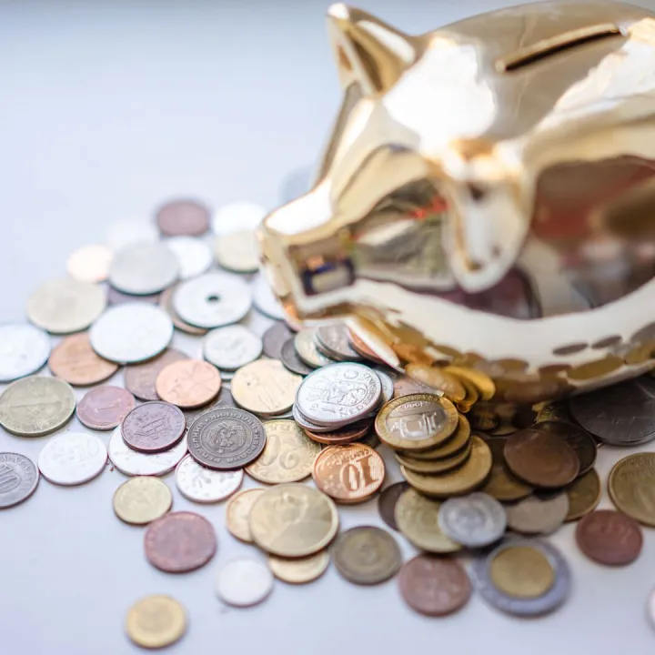 A golden piggy bank surrounded by assorted coins