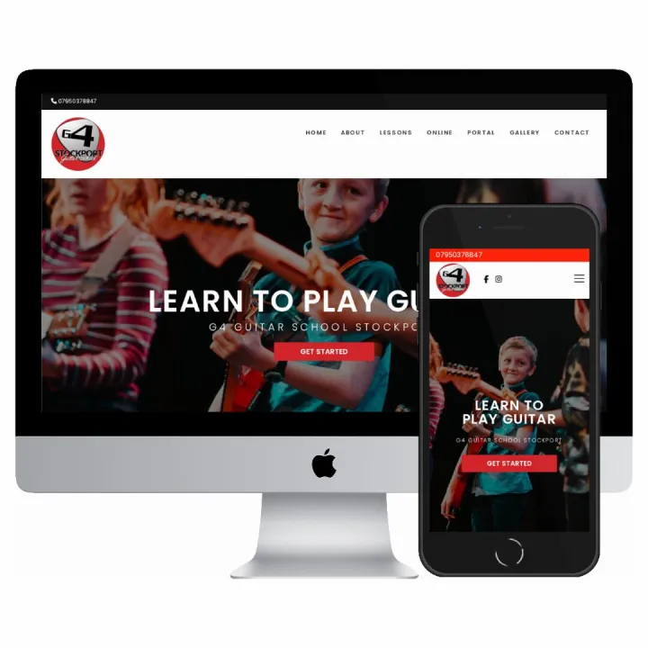 Desktop and mobile screenshots of the G4 Guitar School website