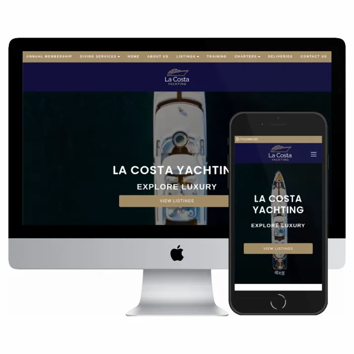 Desktop and mobile screenshots of the Lacosta Yachting website