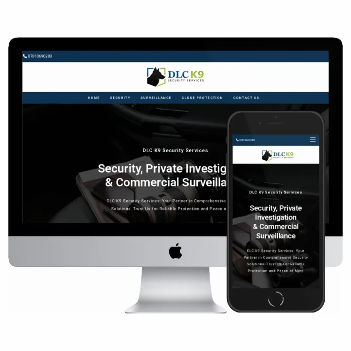 Desktop and mobile screenshots of the DLC K9 Security Services website